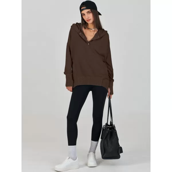 imageANRABESS Women Casual Button V Neck Hoodies Oversized Pullover Sweatshirt Hooded Sweater Tops with PocketsCoffee