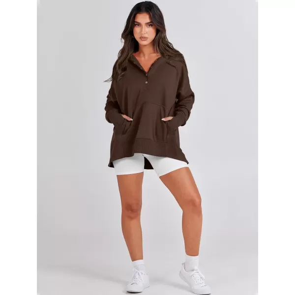 imageANRABESS Women Casual Button V Neck Hoodies Oversized Pullover Sweatshirt Hooded Sweater Tops with PocketsCoffee