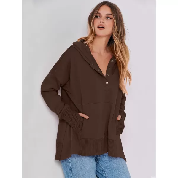 imageANRABESS Women Casual Button V Neck Hoodies Oversized Pullover Sweatshirt Hooded Sweater Tops with PocketsCoffee