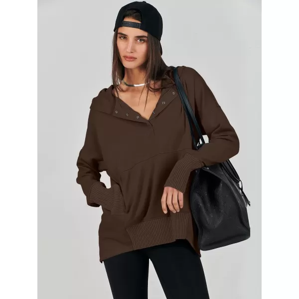 imageANRABESS Women Casual Button V Neck Hoodies Oversized Pullover Sweatshirt Hooded Sweater Tops with PocketsCoffee