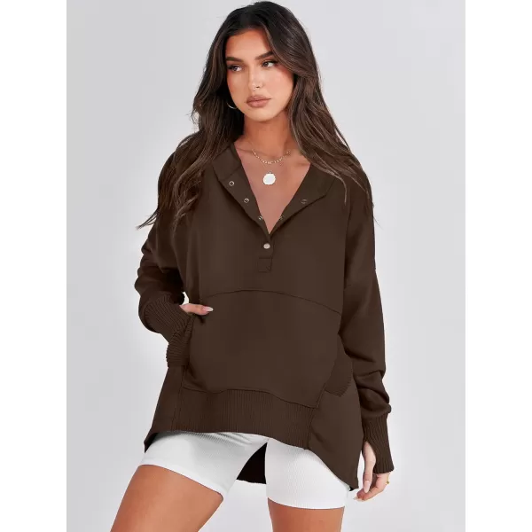 imageANRABESS Women Casual Button V Neck Hoodies Oversized Pullover Sweatshirt Hooded Sweater Tops with PocketsCoffee