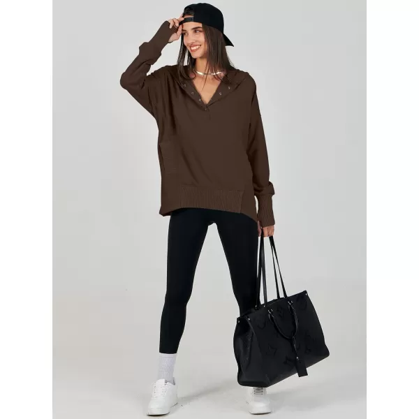imageANRABESS Women Casual Button V Neck Hoodies Oversized Pullover Sweatshirt Hooded Sweater Tops with PocketsCoffee