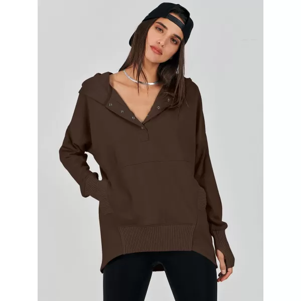 imageANRABESS Women Casual Button V Neck Hoodies Oversized Pullover Sweatshirt Hooded Sweater Tops with PocketsCoffee