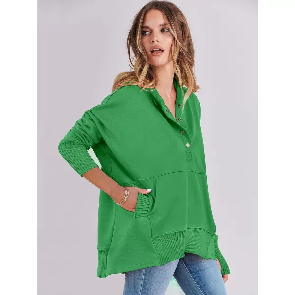imageANRABESS Women Casual Button V Neck Hoodies Oversized Pullover Sweatshirt Hooded Sweater Tops with PocketsGreen