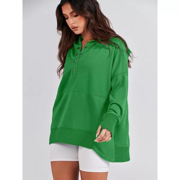 imageANRABESS Women Casual Button V Neck Hoodies Oversized Pullover Sweatshirt Hooded Sweater Tops with PocketsGreen