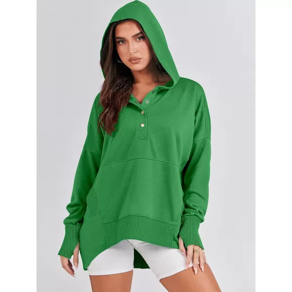 imageANRABESS Women Casual Button V Neck Hoodies Oversized Pullover Sweatshirt Hooded Sweater Tops with PocketsGreen