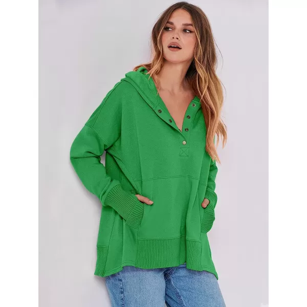 imageANRABESS Women Casual Button V Neck Hoodies Oversized Pullover Sweatshirt Hooded Sweater Tops with PocketsGreen
