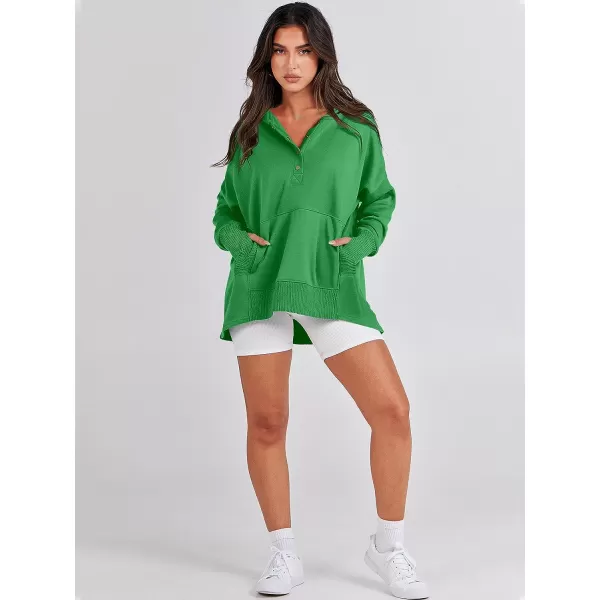imageANRABESS Women Casual Button V Neck Hoodies Oversized Pullover Sweatshirt Hooded Sweater Tops with PocketsGreen