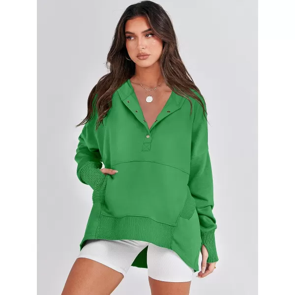 imageANRABESS Women Casual Button V Neck Hoodies Oversized Pullover Sweatshirt Hooded Sweater Tops with PocketsGreen