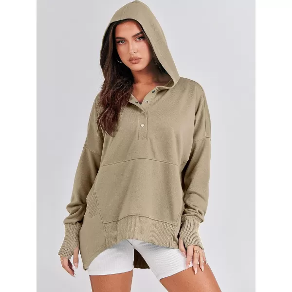 imageANRABESS Women Casual Button V Neck Hoodies Oversized Pullover Sweatshirt Hooded Sweater Tops with PocketsKhaki