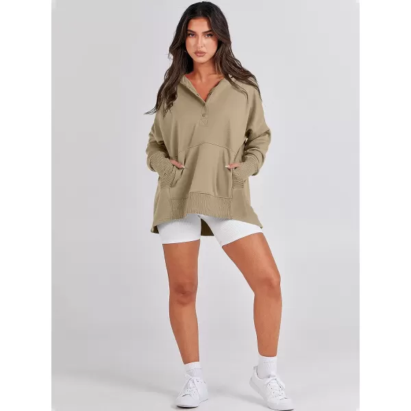 imageANRABESS Women Casual Button V Neck Hoodies Oversized Pullover Sweatshirt Hooded Sweater Tops with PocketsKhaki