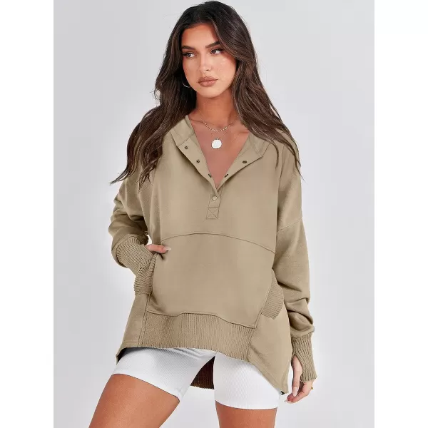 imageANRABESS Women Casual Button V Neck Hoodies Oversized Pullover Sweatshirt Hooded Sweater Tops with PocketsKhaki