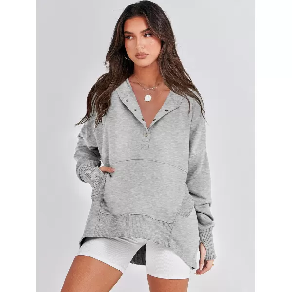 imageANRABESS Women Casual Button V Neck Hoodies Oversized Pullover Sweatshirt Hooded Sweater Tops with PocketsLight Gray