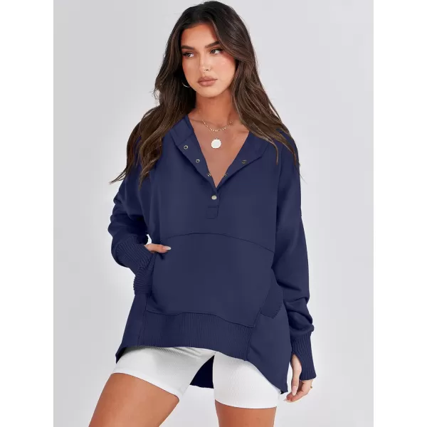 imageANRABESS Women Casual Button V Neck Hoodies Oversized Pullover Sweatshirt Hooded Sweater Tops with PocketsNavy Blue