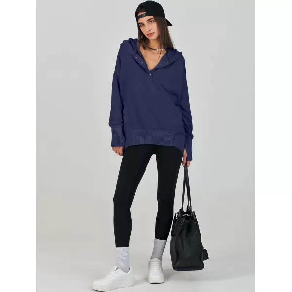 imageANRABESS Women Casual Button V Neck Hoodies Oversized Pullover Sweatshirt Hooded Sweater Tops with PocketsNavy Blue