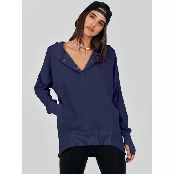 imageANRABESS Women Casual Button V Neck Hoodies Oversized Pullover Sweatshirt Hooded Sweater Tops with PocketsNavy Blue