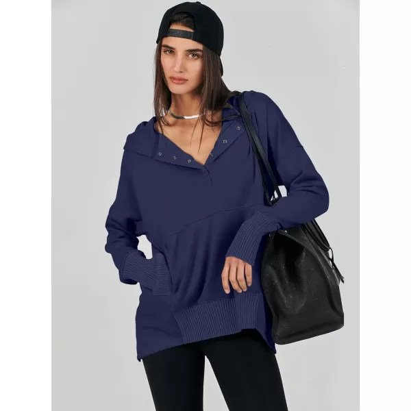 imageANRABESS Women Casual Button V Neck Hoodies Oversized Pullover Sweatshirt Hooded Sweater Tops with PocketsNavy Blue