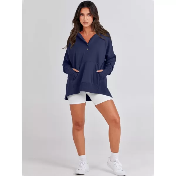 imageANRABESS Women Casual Button V Neck Hoodies Oversized Pullover Sweatshirt Hooded Sweater Tops with PocketsNavy Blue