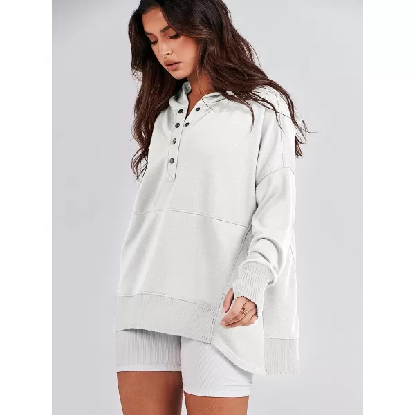 imageANRABESS Women Casual Button V Neck Hoodies Oversized Pullover Sweatshirt Hooded Sweater Tops with PocketsWhite