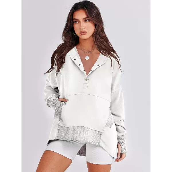 imageANRABESS Women Casual Button V Neck Hoodies Oversized Pullover Sweatshirt Hooded Sweater Tops with PocketsWhite