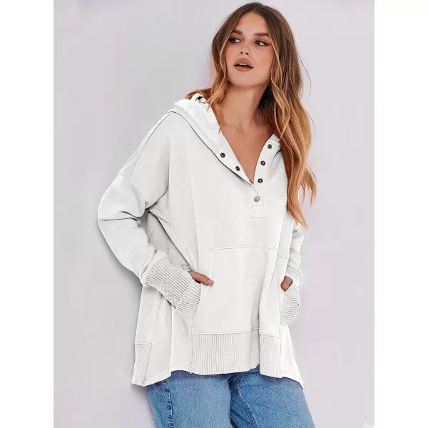 imageANRABESS Women Casual Button V Neck Hoodies Oversized Pullover Sweatshirt Hooded Sweater Tops with PocketsWhite