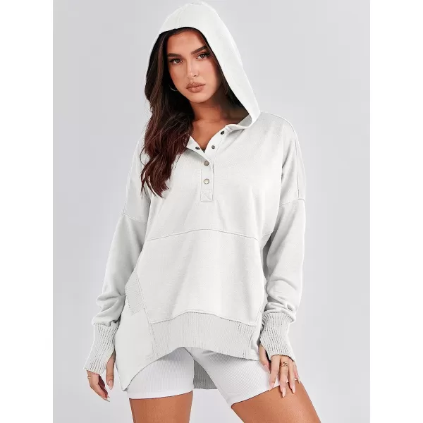 imageANRABESS Women Casual Button V Neck Hoodies Oversized Pullover Sweatshirt Hooded Sweater Tops with PocketsWhite