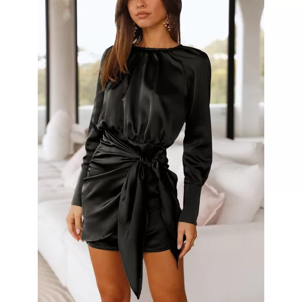 imageANRABESS Women Casual Long Sleeve Crewneck Ruched Wrap Short Party Dress Tie Waist Satin Cocktail DressBlack