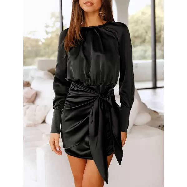 imageANRABESS Women Casual Long Sleeve Crewneck Ruched Wrap Short Party Dress Tie Waist Satin Cocktail DressBlack