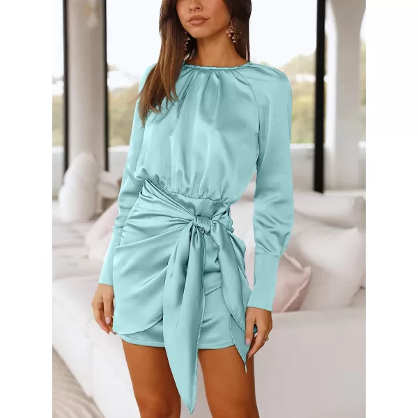 imageANRABESS Women Casual Long Sleeve Crewneck Ruched Wrap Short Party Dress Tie Waist Satin Cocktail DressBlue