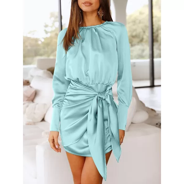 imageANRABESS Women Casual Long Sleeve Crewneck Ruched Wrap Short Party Dress Tie Waist Satin Cocktail DressBlue
