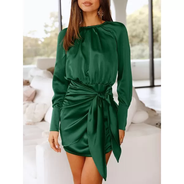 imageANRABESS Women Casual Long Sleeve Crewneck Ruched Wrap Short Party Dress Tie Waist Satin Cocktail DressDeep Green