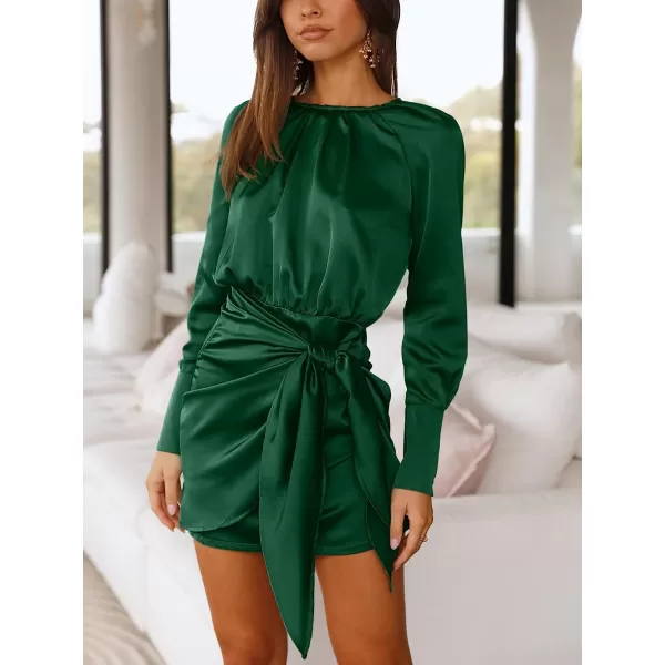 imageANRABESS Women Casual Long Sleeve Crewneck Ruched Wrap Short Party Dress Tie Waist Satin Cocktail DressDeep Green
