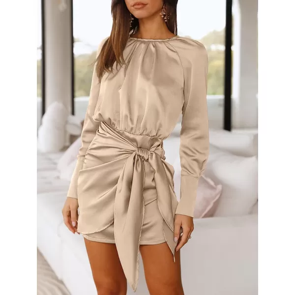 imageANRABESS Women Casual Long Sleeve Crewneck Ruched Wrap Short Party Dress Tie Waist Satin Cocktail DressDeep Khaki