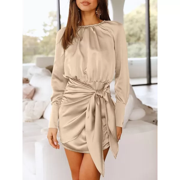 imageANRABESS Women Casual Long Sleeve Crewneck Ruched Wrap Short Party Dress Tie Waist Satin Cocktail DressDeep Khaki