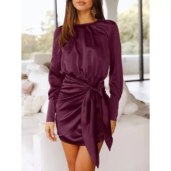 imageANRABESS Women Casual Long Sleeve Crewneck Ruched Wrap Short Party Dress Tie Waist Satin Cocktail DressDeep Purple