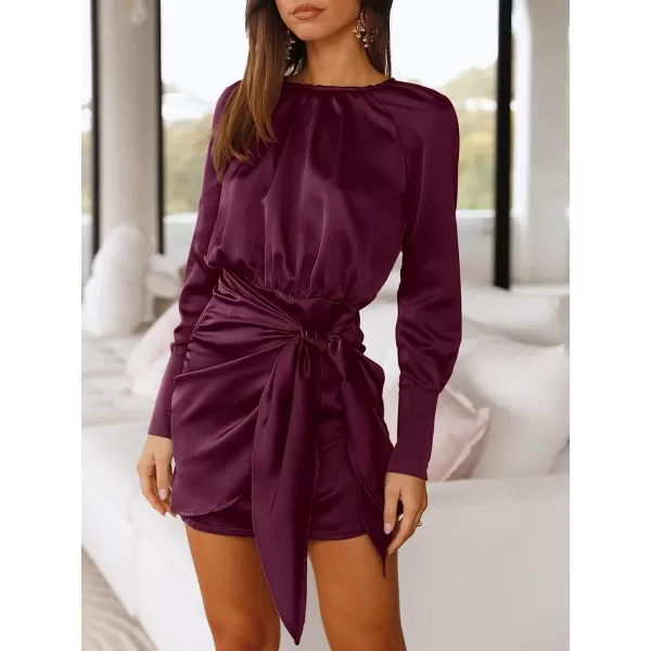 imageANRABESS Women Casual Long Sleeve Crewneck Ruched Wrap Short Party Dress Tie Waist Satin Cocktail DressDeep Purple