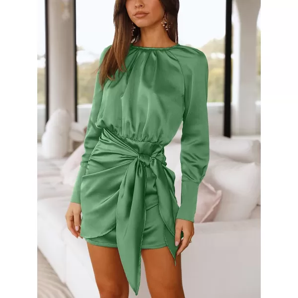 imageANRABESS Women Casual Long Sleeve Crewneck Ruched Wrap Short Party Dress Tie Waist Satin Cocktail DressLight Green