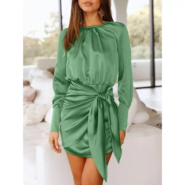 imageANRABESS Women Casual Long Sleeve Crewneck Ruched Wrap Short Party Dress Tie Waist Satin Cocktail DressLight Green
