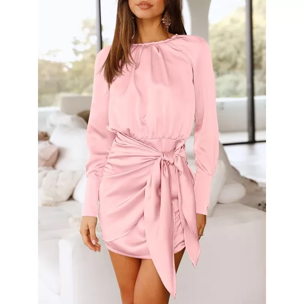 imageANRABESS Women Casual Long Sleeve Crewneck Ruched Wrap Short Party Dress Tie Waist Satin Cocktail DressLight Pink