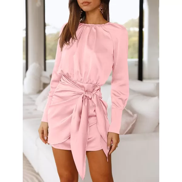 imageANRABESS Women Casual Long Sleeve Crewneck Ruched Wrap Short Party Dress Tie Waist Satin Cocktail DressLight Pink