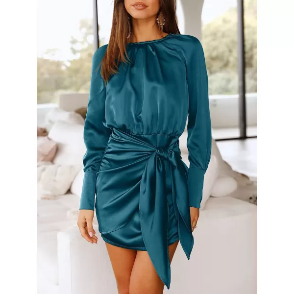 imageANRABESS Women Casual Long Sleeve Crewneck Ruched Wrap Short Party Dress Tie Waist Satin Cocktail DressNavy Blue