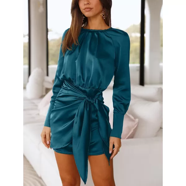 imageANRABESS Women Casual Long Sleeve Crewneck Ruched Wrap Short Party Dress Tie Waist Satin Cocktail DressNavy Blue