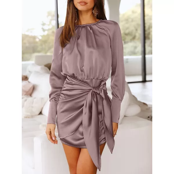 imageANRABESS Women Casual Long Sleeve Crewneck Ruched Wrap Short Party Dress Tie Waist Satin Cocktail DressPurple