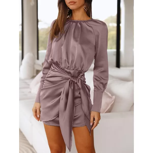 imageANRABESS Women Casual Long Sleeve Crewneck Ruched Wrap Short Party Dress Tie Waist Satin Cocktail DressPurple