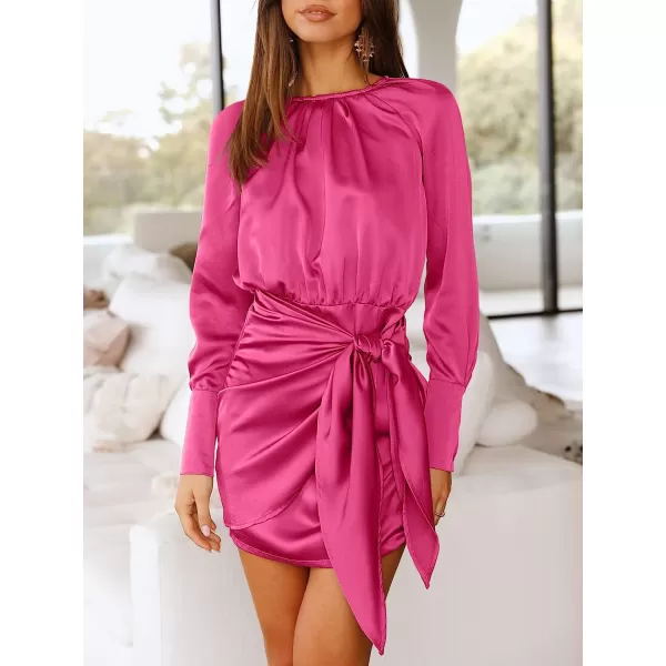 imageANRABESS Women Casual Long Sleeve Crewneck Ruched Wrap Short Party Dress Tie Waist Satin Cocktail DressRose