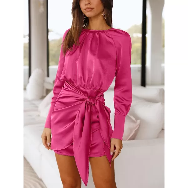 imageANRABESS Women Casual Long Sleeve Crewneck Ruched Wrap Short Party Dress Tie Waist Satin Cocktail DressRose