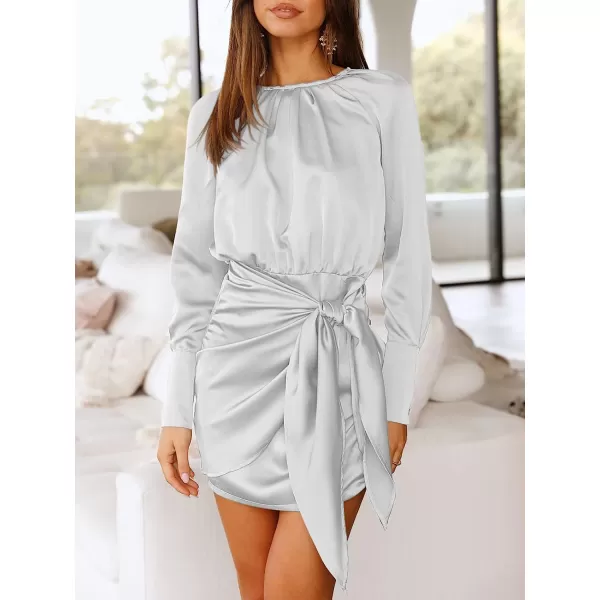 imageANRABESS Women Casual Long Sleeve Crewneck Ruched Wrap Short Party Dress Tie Waist Satin Cocktail DressSliver White