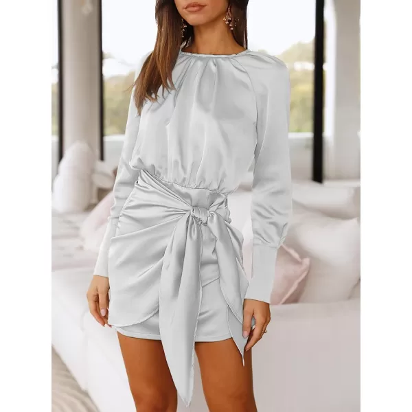 imageANRABESS Women Casual Long Sleeve Crewneck Ruched Wrap Short Party Dress Tie Waist Satin Cocktail DressSliver White
