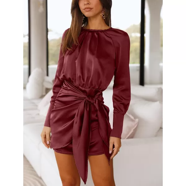 imageANRABESS Women Casual Long Sleeve Crewneck Ruched Wrap Short Party Dress Tie Waist Satin Cocktail DressWine Red