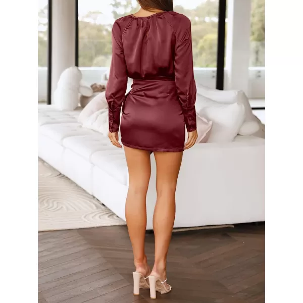 imageANRABESS Women Casual Long Sleeve Crewneck Ruched Wrap Short Party Dress Tie Waist Satin Cocktail DressWine Red